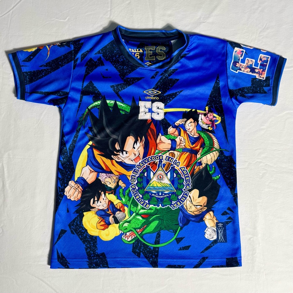 Dragon Ball Z x Umbro El Salvador Jersey Boys 16 Futbal Soccer Goku Vegeta Blue